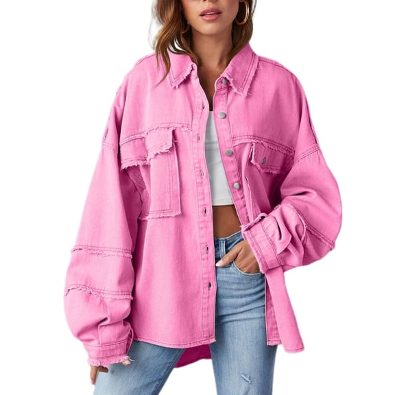 SWSMCLT Women's Denim Button Down Shirt High Low Fashion Outerwear Casual Western Top Pocket Shirt Shacket Rose Large
