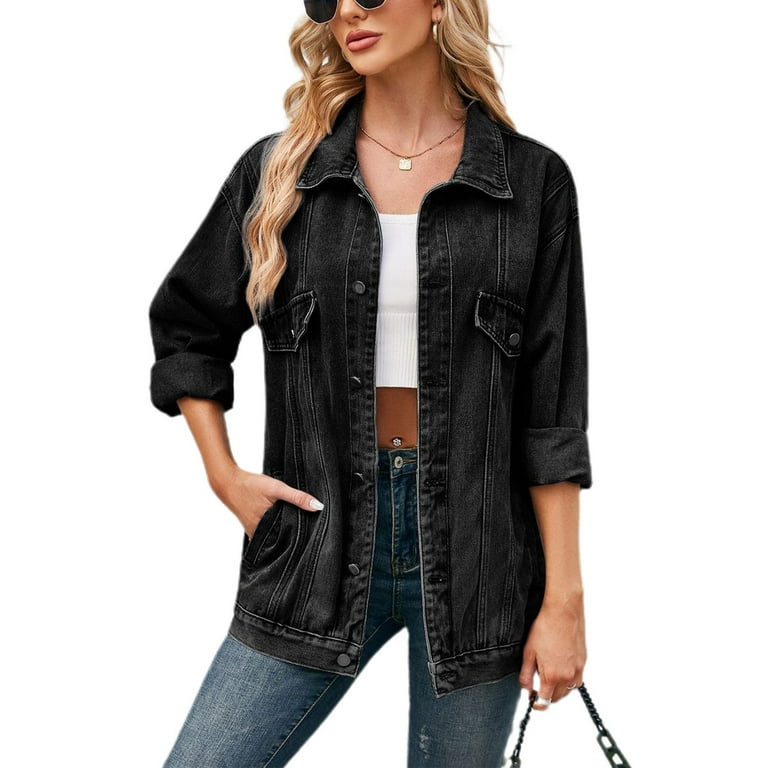SWSMCLT Women s Denim Button Down Shirt Loose Pocket Travel Long Sleeve Top Vintage Shirt Jacket Jean Spring Fall Black X Large