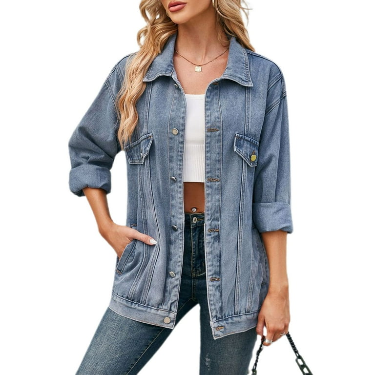 SWSMCLT Women s Denim Button Down Shirt Loose Pocket Travel Long Sleeve Top Vintage Shirt Jacket Jean Spring Fall Blue Medium