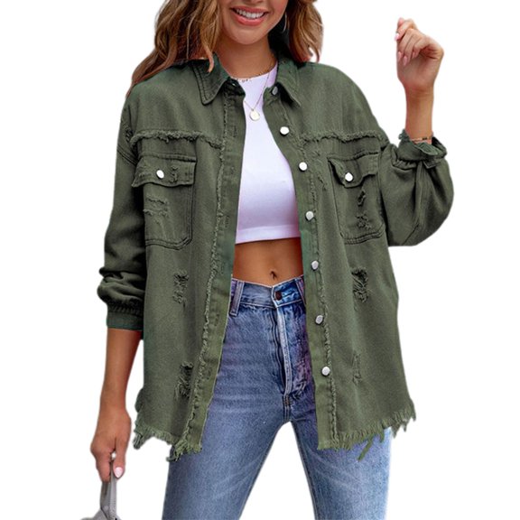 SWSMCLT Women's Denim Button Down Shirt Shacket Split Date Night Winter Shirt Jacket Long Sleeve Top Western Army Green Large