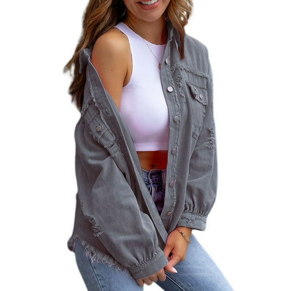 SWSMCLT Women's Denim Button Down Shirt Shacket Split Date Night Winter Shirt Jacket Long Sleeve Top Western Light Grey Large