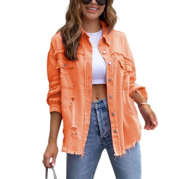 SWSMCLT Women's Denim Button Down Shirt Shacket Split Date Night Winter Shirt Jacket Long Sleeve Top Western Orange X-Large
