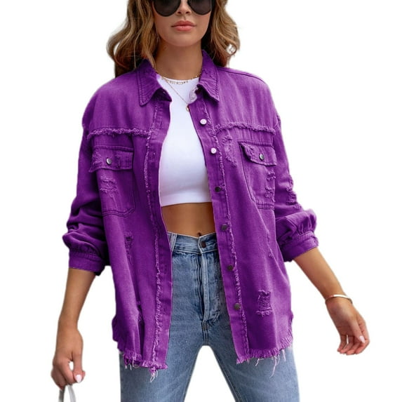 SWSMCLT Women's Denim Button Down Shirt Shacket Split Date Night Winter Shirt Jacket Long Sleeve Top Western Purple Large