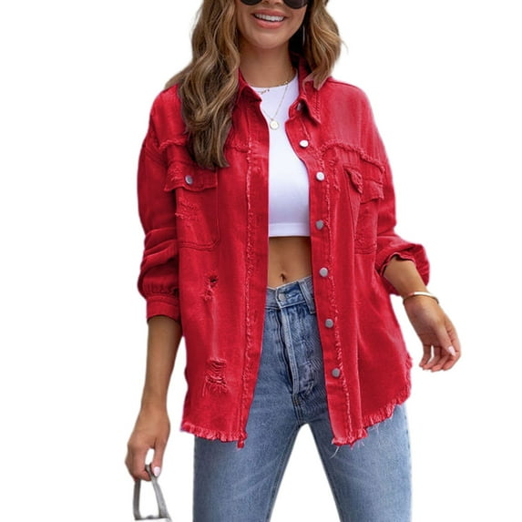 SWSMCLT Women's Denim Button Down Shirt Shacket Split Date Night Winter Shirt Jacket Long Sleeve Top Western Red X-Large