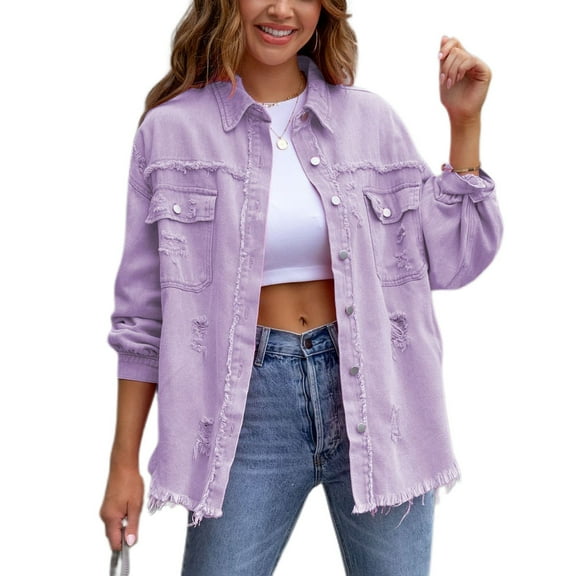 SWSMCLT Women's Denim Button Down Shirt Shacket Split Date Night Winter Shirt Jacket Long Sleeve Top Western violet Large