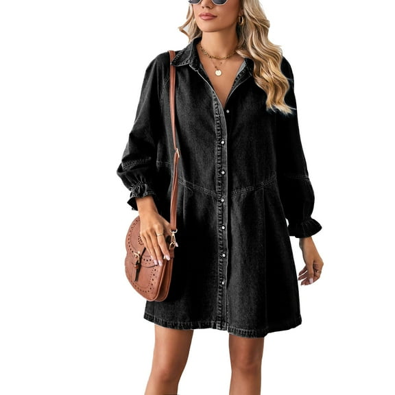 SWSMCLT Women's Denim Dress Long Sleeve Raglan Sleeve Skater Dress Spring Babydoll Dress Fall Holiday Cute Casual Black X-Large