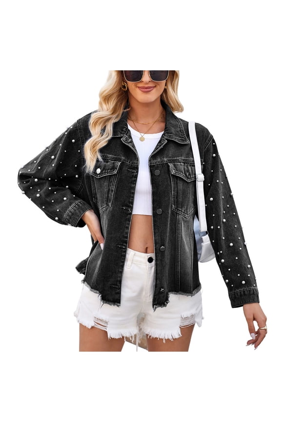 Women's Denim Jacket Casual Chic Flap Pocket Spring Drop Shoulder Shackets Jean Coats Fall Frayed Edge Black Small