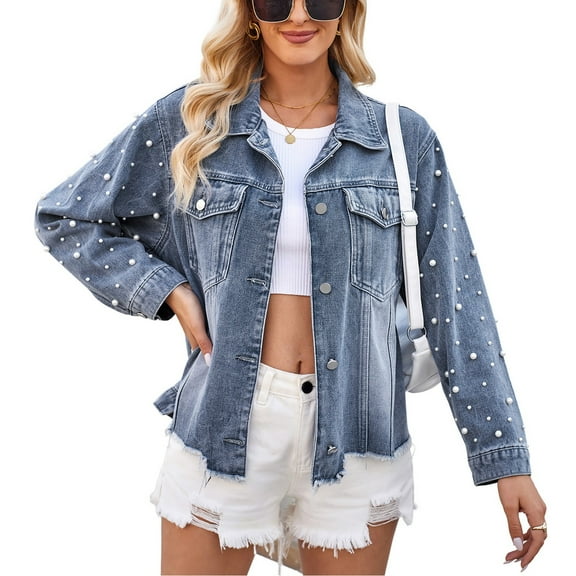 SWSMCLT Women's Denim Jacket Casual Chic Flap Pocket Spring Drop Shoulder Shackets Jean Coats Fall Frayed Edge Blue Medium