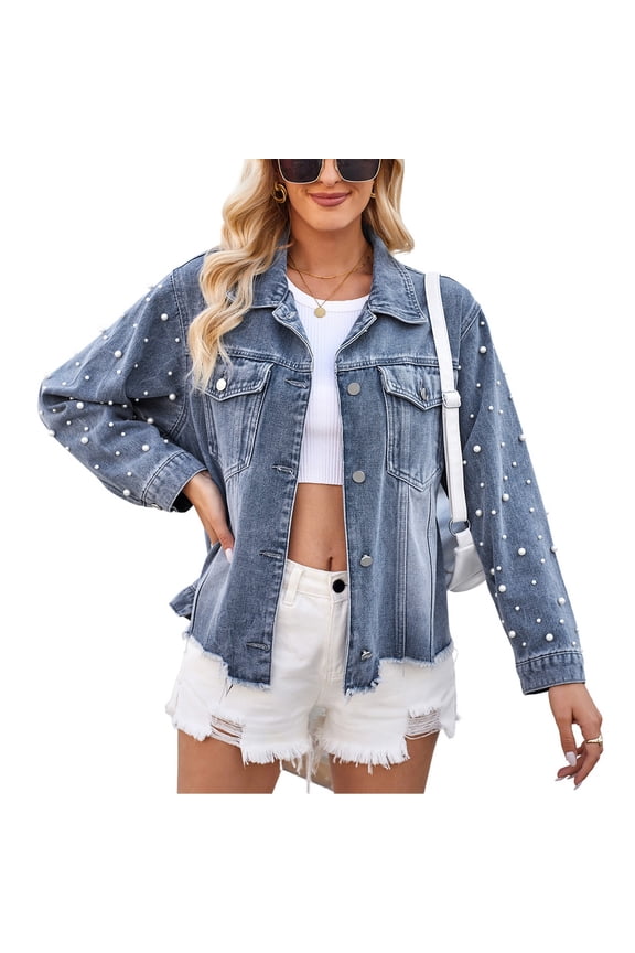 Women's Denim Jacket Casual Chic Flap Pocket Spring Drop Shoulder Shackets Jean Coats Fall Frayed Edge Blue Medium