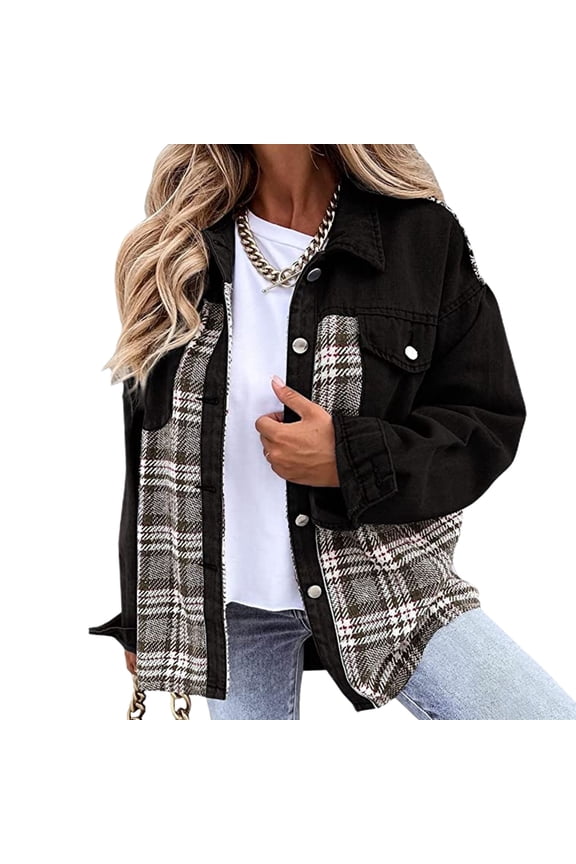 Women's Denim Jacket Long Sleeve Jean Top Snow Spring Plaid Printed Casual Fall Button Jackets & Coats Fashion Western Black Medium