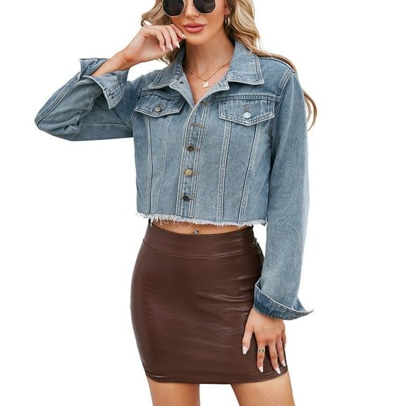 SWSMCLT Women's Denim Jacket Short Coat Casual Cropped Chic Crop Frayed Edge Lapel Long Sleeve Streetwear Shacket Blue Medium