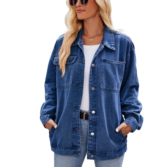 SWSMCLT Women's Denim Jacket Top Long Sleeve Fashion Fall Summer Lapel Western Spring Jean Coat Comfy Streetwear Blue Medium