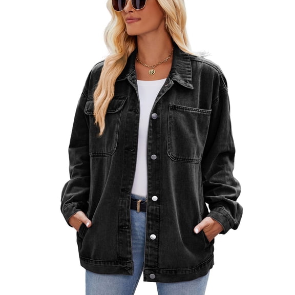 SWSMCLT Women's Denim Jacket Top Long Sleeve Fashion Fall Summer Lapel Western Spring Jean Coat Comfy Streetwear Dark Grey Small