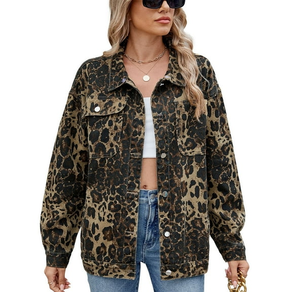 SWSMCLT Women's Denim Jacket Top Long Sleeve Fashion Fall Summer Lapel Western Spring Jean Coat Comfy Streetwear Leopard X-Large