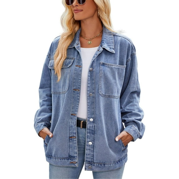 SWSMCLT Women's Denim Jacket Top Long Sleeve Fashion Fall Summer Lapel Western Spring Jean Coat Comfy Streetwear Light Blue Small