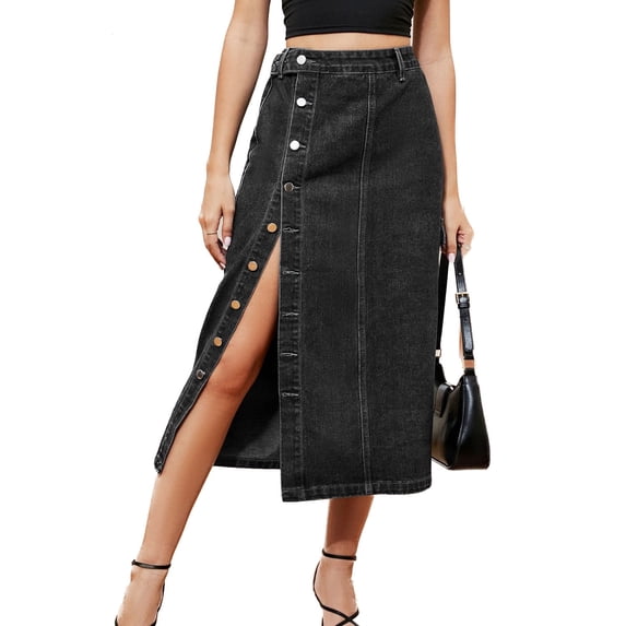SWSMCLT Women's Denim Skirt Split Jean Cargo Skirt Button Fashion Fall Mid Rise Summer Casual Fitted Tea Length Slimming Dark Grey XX-Large