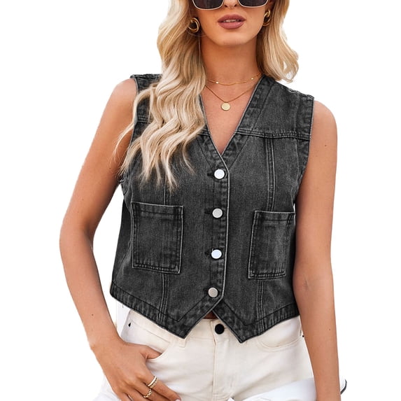 SWSMCLT Women's Denim Tank Top Sleeveless V Neck Short Fashion Jean Jacket Vest Crop Top Loose Pocket Spring Casual Collarless Button Down Black Large