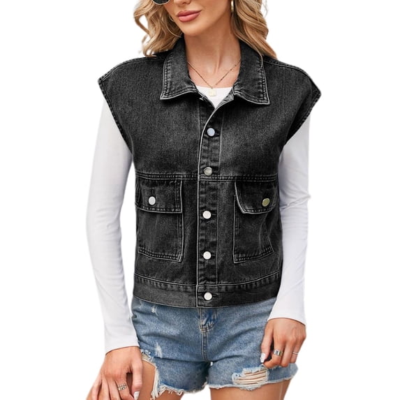 SWSMCLT Women's Denim Vest Vintage Top Summer Outwear Vest Outfit Travel Pocket Fashion Loose Thin Slimming Button Black Medium