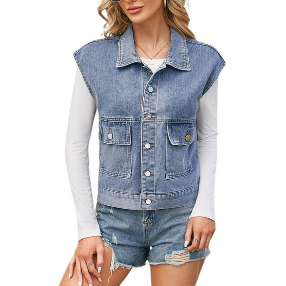SWSMCLT Women's Denim Vest Vintage Top Summer Outwear Vest Outfit Travel Pocket Fashion Loose Thin Slimming Button Blue Small