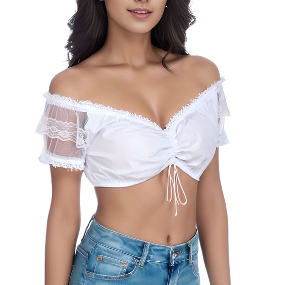 SWSMCLT Women's Dirndl Blouse Cotton Traditional Bavarian Cropped Lace Crop Top Off Shoulder Top Oktoberfest Shirt White Large
