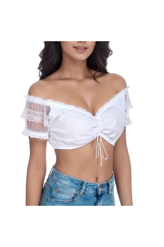 Women's Dirndl Blouse Cotton Traditional Bavarian Cropped Lace Crop Top Off Shoulder Top Oktoberfest Shirt White X-Large