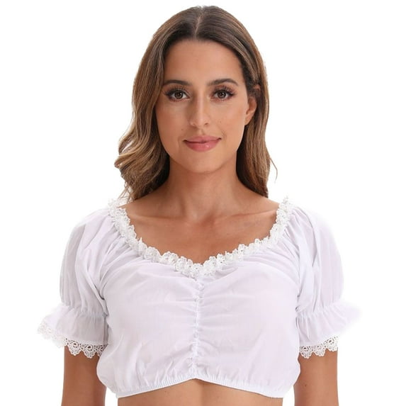 SWSMCLT Women's Dirndl Blouse Sheer Short Sleeve Oktoberfest Shirt Summer Bavarian Off the Shoulder Cropped Top Soft Halloween Outfits Lace Crop Top Cropped Top 22White 8-10
