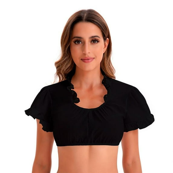 SWSMCLT Women's Dirndl Blouse Sheer Short Sleeve Oktoberfest Shirt Summer Bavarian Off the Shoulder Cropped Top Soft Halloween Outfits Lace Crop Top Cropped Top 70Black 14