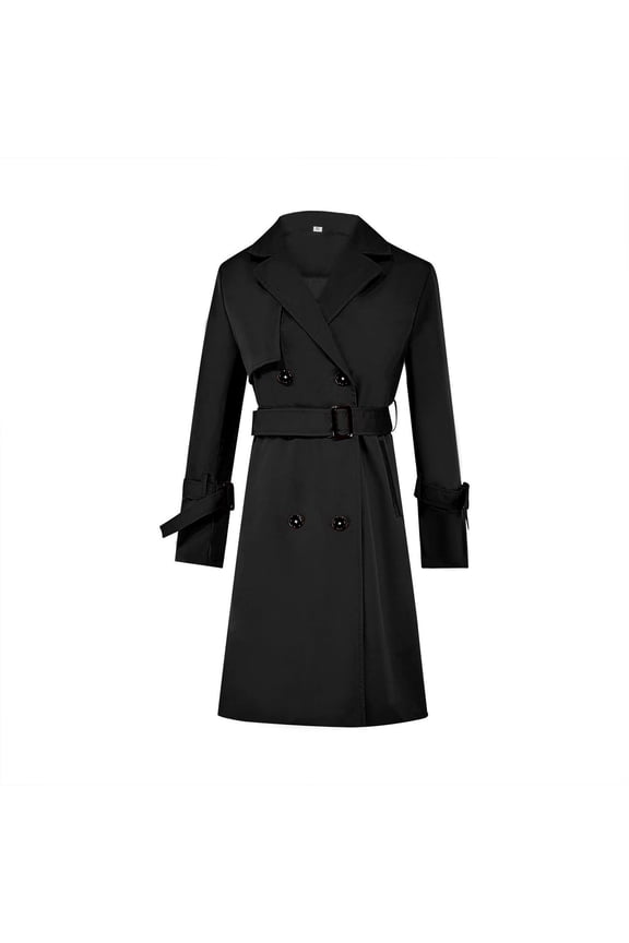 Women's Double Breasted Coat Outerwear Long Trenchcoat Long Sleeve Spring Detachable Trench Coats Fashion Fitted Black Large