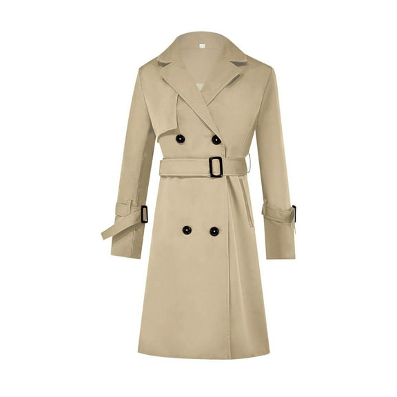 SWSMCLT Women's Double Breasted Coat Outerwear Long Trenchcoat Long Sleeve Spring Detachable Trench Coats Fashion Fitted Khaki Small