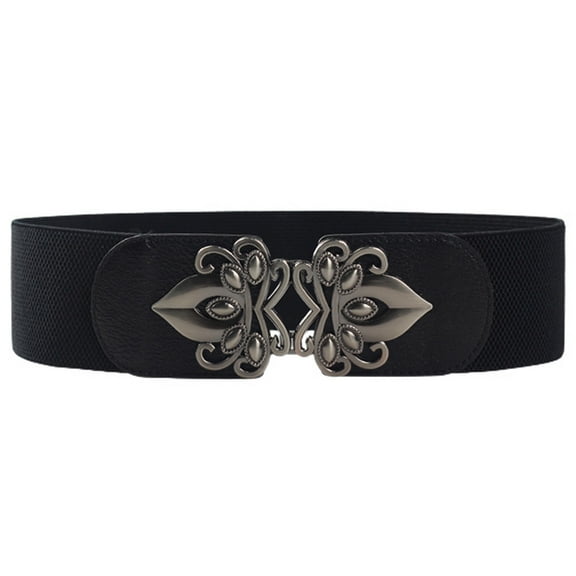 SWSMCLT Women's Dresses Fashion Summer Ladies Faux Leather Elastic Belt for Dress Graduation Hoco Homecoming Stretchy Thick Wide Stretch Belt with Metal Buckle Black One Size