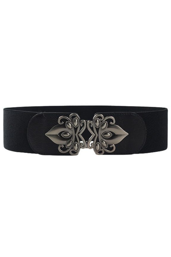 Women's Dresses Fashion Summer Ladies Faux Leather Elastic Belt for Dress Graduation Hoco Homecoming Stretchy Thick Wide Stretch Belt with Metal Buckle Black One Size