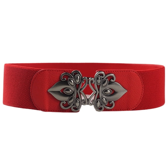 SWSMCLT Women's Dresses Fashion Summer Ladies Faux Leather Elastic Belt for Dress Graduation Hoco Homecoming Stretchy Thick Wide Stretch Belt with Metal Buckle Red One Size