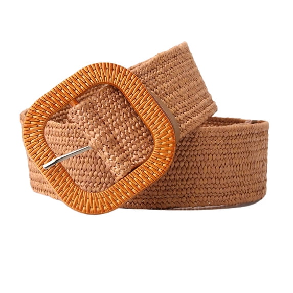 SWSMCLT Women's Elastic Braided Web Belt Flexible Braided Belt Square Plastic Buckle Raffia Straw Stretch Rattan Webbing Belt Bohemian Summer Fashion Beach Umber One Size
