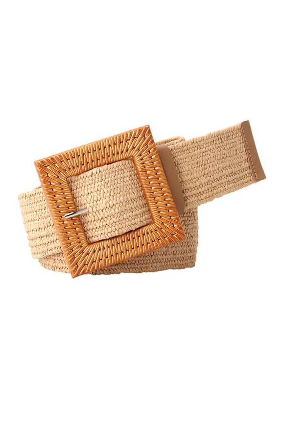 Women's Elastic Braided Web Belt Flexible Braided Belt Square Plastic Buckle Raffia Straw Stretch Rattan Webbing Belt Bohemian Summer Fashion Beach Khaki1 One Size
