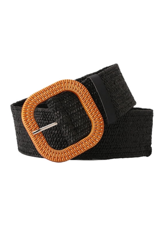 Women's Elastic Braided Web Belt Flexible Braided Belt Square Plastic Buckle Raffia Straw Stretch Rattan Webbing Belt Bohemian Summer Fashion Beach Black One Size