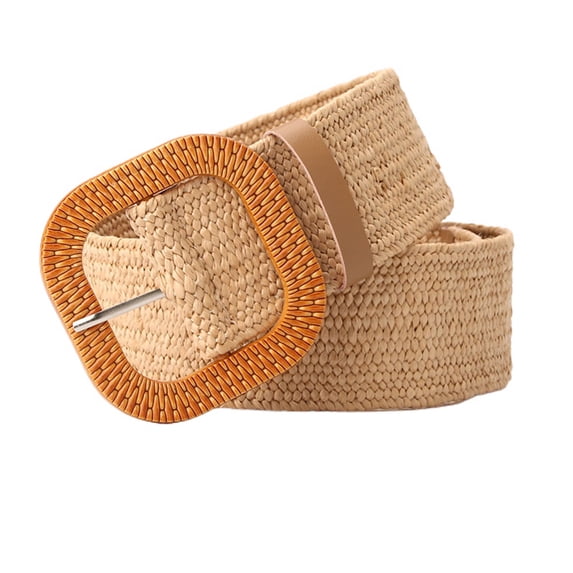 SWSMCLT Women's Elastic Braided Web Belt Flexible Braided Belt Square Plastic Buckle Raffia Straw Stretch Rattan Webbing Belt Bohemian Summer Fashion Beach Khaki One Size