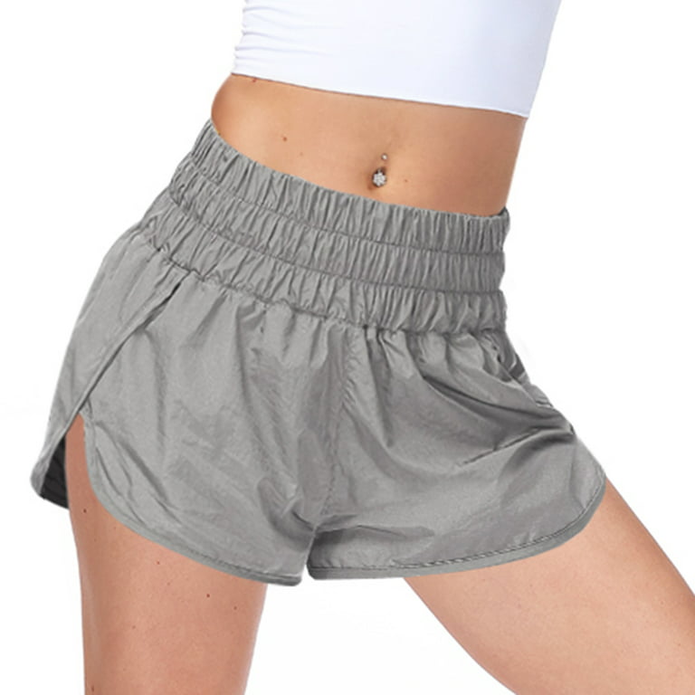 SWSMCLT Women's Elastic High Waisted Athletic Shorts Gym Workout with  Pockets Casual Lightweight Running Smocked Quick Dry Summer Beach Grey Small
