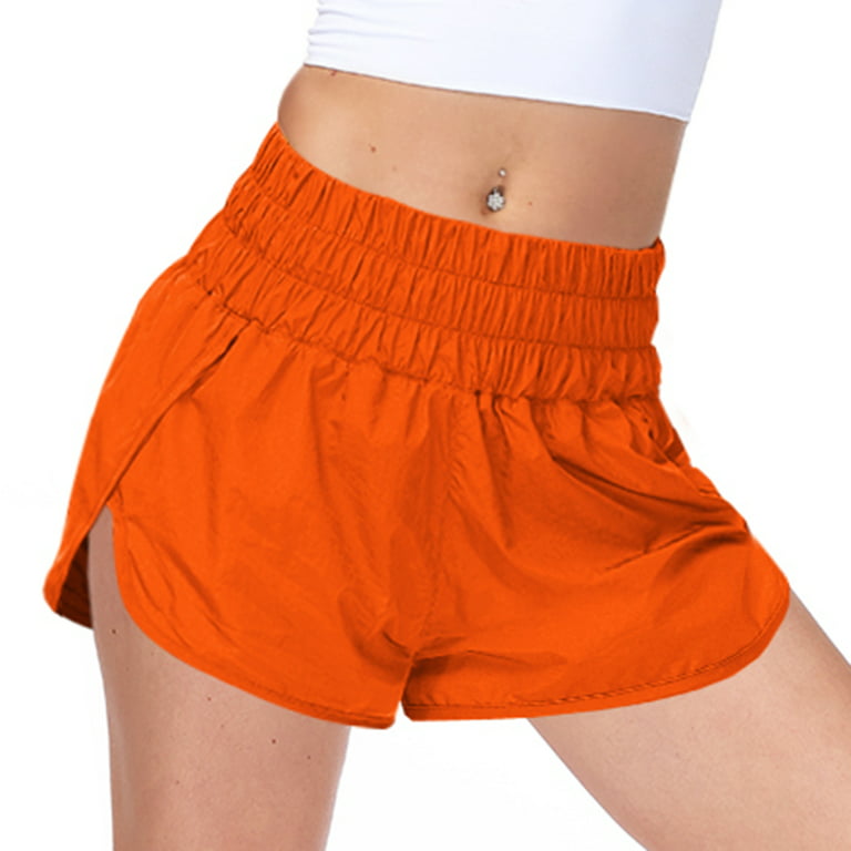 SWSMCLT Women's Elastic High Waisted Athletic Shorts Gym Workout with  Pockets Casual Lightweight Running Smocked Quick Dry Summer Beach Orange  Large