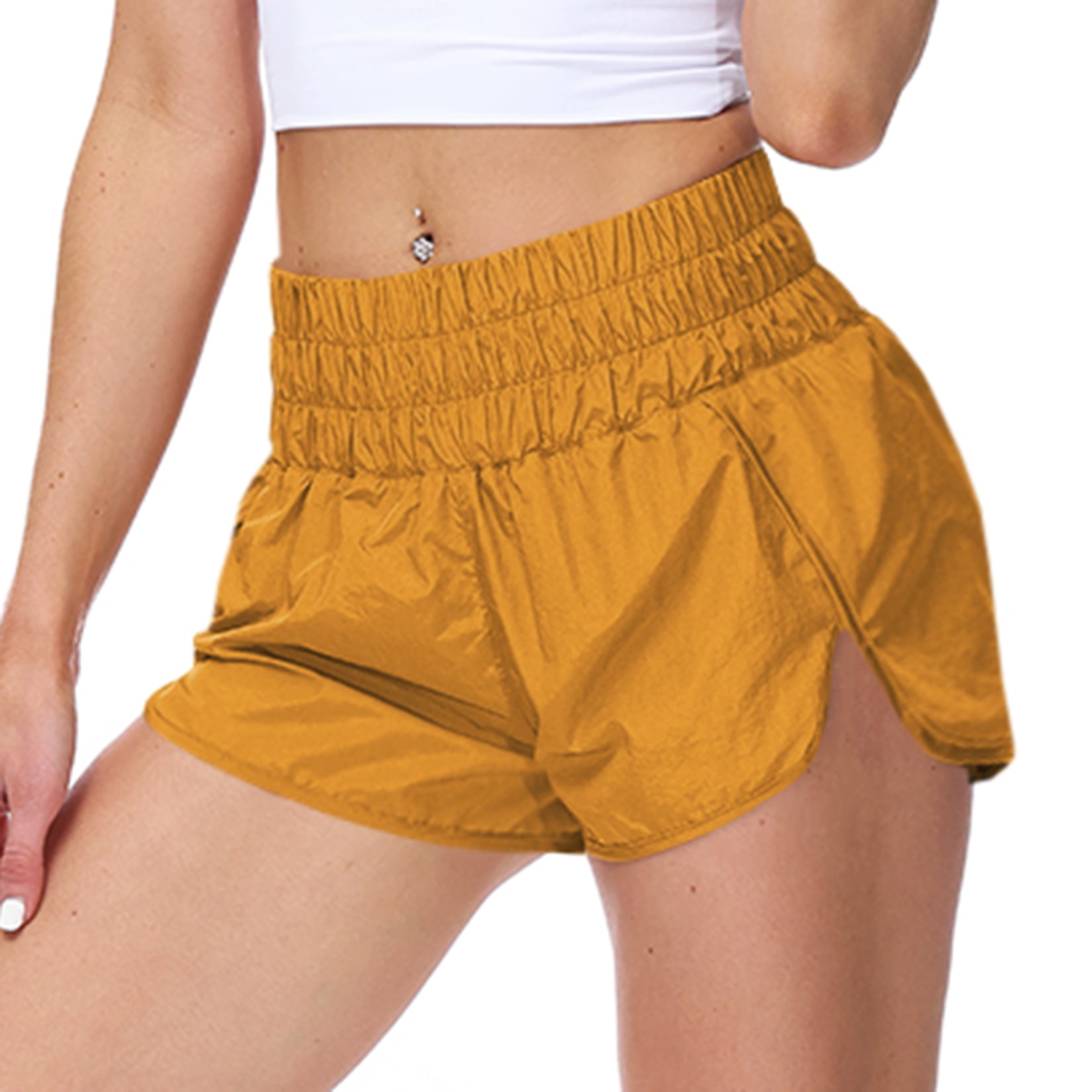 SWSMCLT Women's Elastic High Waisted Athletic Shorts Gym Workout with  Pockets Casual Lightweight Running Smocked Quick Dry Summer Beach Yellow  Small 