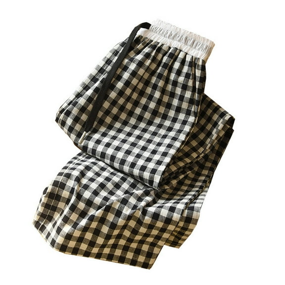 SWSMCLT Women's Elastic Waistband Pajama Pants Plaid Printed 100 Cotton Sleep Bottoms Medium Waist Gingham Fall Loose Pj Sleepwear Black Large