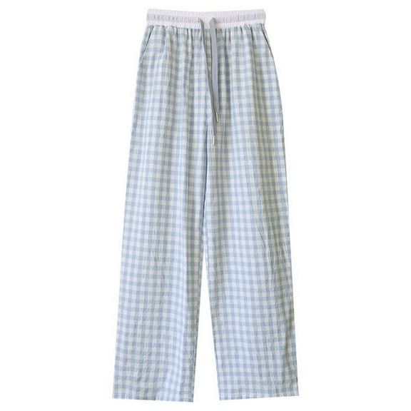 SWSMCLT Women's Elastic Waistband Pajama Pants Plaid Printed 100 Cotton Sleep Bottoms Medium Waist Gingham Fall Loose Pj Sleepwear Blue Large