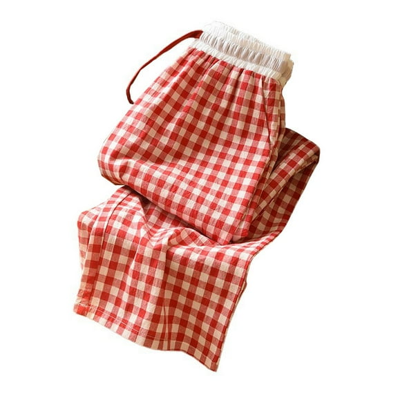 SWSMCLT Women's Elastic Waistband Pajama Pants Plaid Printed 100 Cotton Sleep Bottoms Medium Waist Gingham Fall Loose Pj Sleepwear Red Large