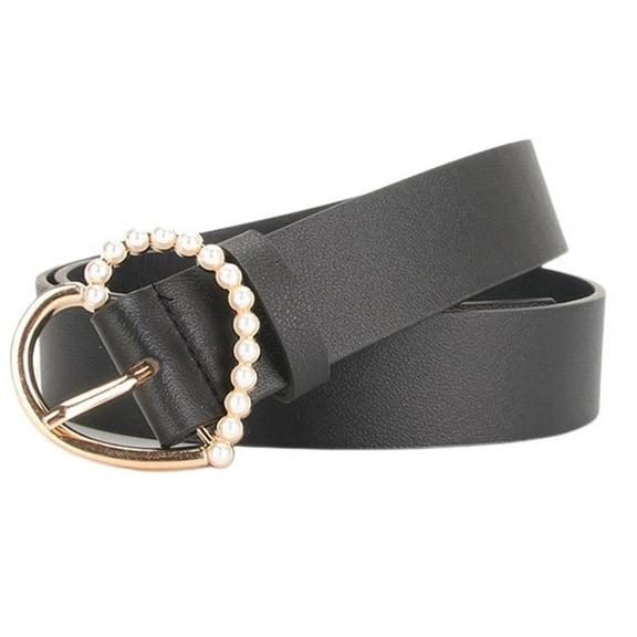 SWSMCLT Women's Elegant Fashion Casual Belts Faux Leather Belt for Dress Jeans Fancy Pearl Beaded Gold Metal Belt Black One Size