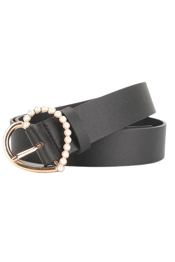 Women's Elegant Fashion Casual Belts Faux Leather Belt for Dress Jeans Fancy Pearl Beaded Gold Metal Belt Black One Size