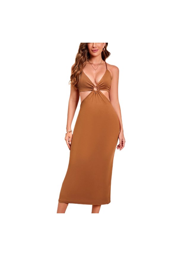 Women's Evening Gown Bodycon Bridesmaid Ruched Summer V Neck Dresses Cut Out Dress Party Halter Backless Sexy Cocktail Sundress Coffee Medium