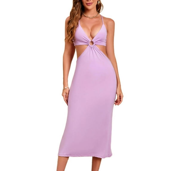 SWSMCLT Women's Evening Gown Bodycon Bridesmaid Ruched Summer V Neck Dresses Cut Out Dress Party Halter Backless Sexy Cocktail Sundress Pink X-Large
