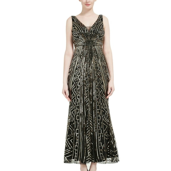 SWSMCLT Women's Evening Gown Cocktail Maxi Dresses Sleeveless Dress Sequin Gala Sundres Black Gold 4-6