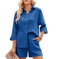 thumbnail image 1 of SWSMCLT Women's Fall 2 Piece Outfits Short Sets Comfy Casual Summer Soft Fashion Stretch Thin Button Up Matching Set Dark Blue Large, 1 of 1