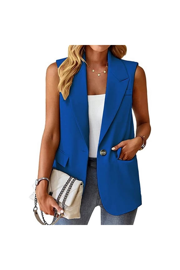 Women's Fall Blazer Vest Fashion Cape Blazer One Button Button Formal Vest Billowy Pocket Flap Pocket Blue X-Large