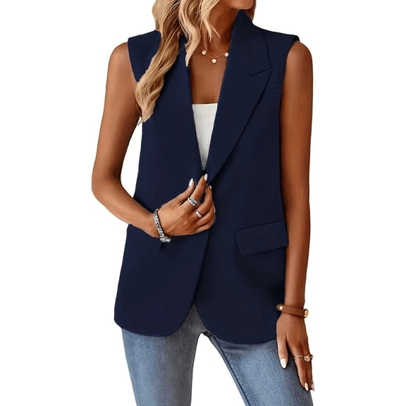 SWSMCLT Women's Fall Blazer Vest Fashion Cape Blazer One Button Button Formal Vest Billowy Pocket Flap Pocket Navy Medium